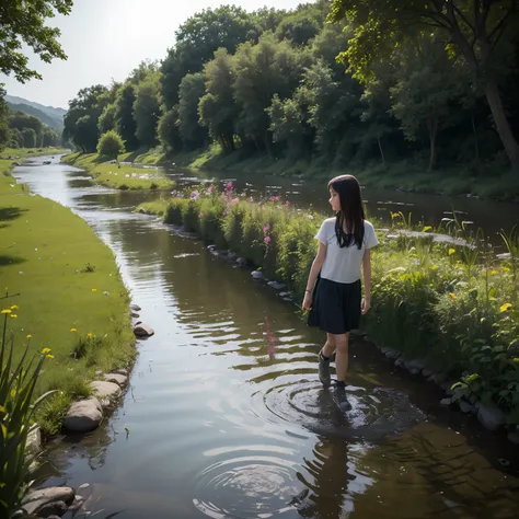 Summer evenings，It was dark，There is a small river，There are a lot of weeds growing along the river，A young girl walks by the river