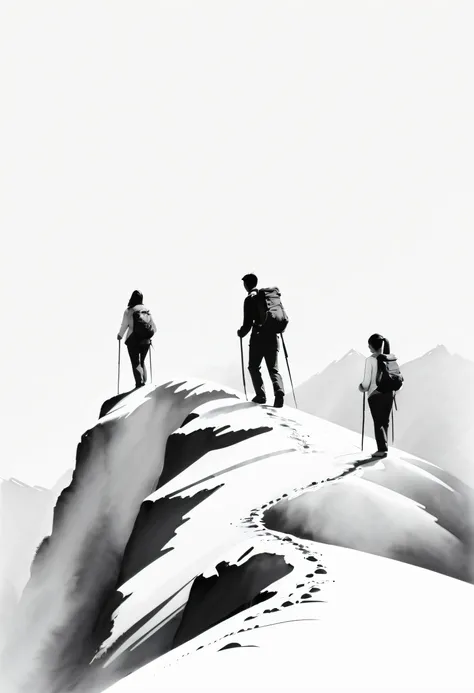 chinese brush painting,The back of the family, climbing mountain,Black and white, minimal, Lines, White background