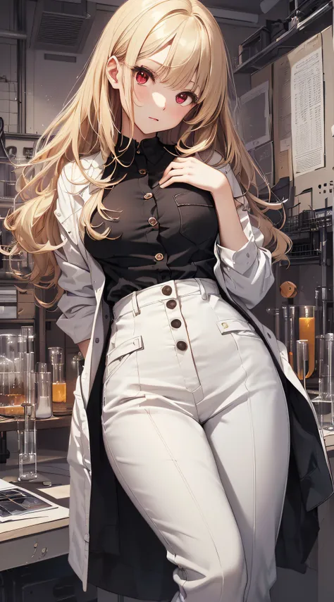 top-quality、Top image quality、​masterpiece、girl with((cute little、18year old、Best Bust、Medium bust、Bust 85,Red eyes to issue、Breasts wide open,Valley、Blonde long hair、A slender、Manteau blanc、Black Y-shirt with open buttons、White pants、walk、hands in the poc...