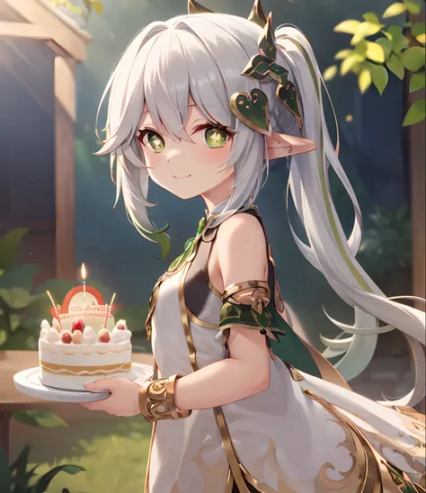 ​masterpiece, top-quality, 1girl in, 独奏, Nahida_Genshin, cross-shaped pupils, default_Dress, Green Cape、film like、light and shadows、Indirect light、Birthday、a cake、in a house、cafes、from the front side、eating cakes、Upper body only、A smile、Shy face、Perfect Li...