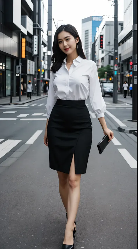 arafed woman in a white top and a black thigh length tight skirt, office clothes, business clothes, wearing business casual dress, black skirt, elegant clothes, high-waist-Black-skirt, business outfit, casual business outfit, japanese womens fashion model,...