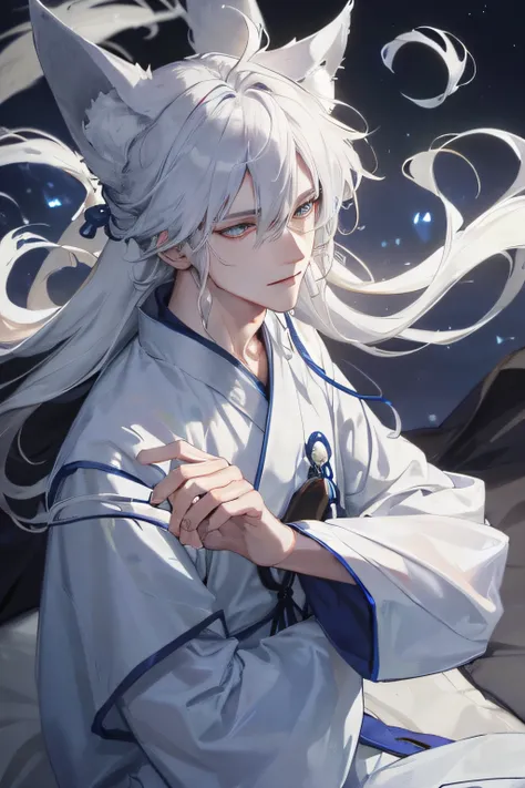 Masterpiece，Best quality，White-haired fox，fox ear，Blue and white Hanfu，Immortals，Gray eye， mature，Handsome，male people，on top of the bed，sleep，Loose hair and clothes，Comfortable nights，Exquisite facial details,Dark background，the night，a sense of atmospher...