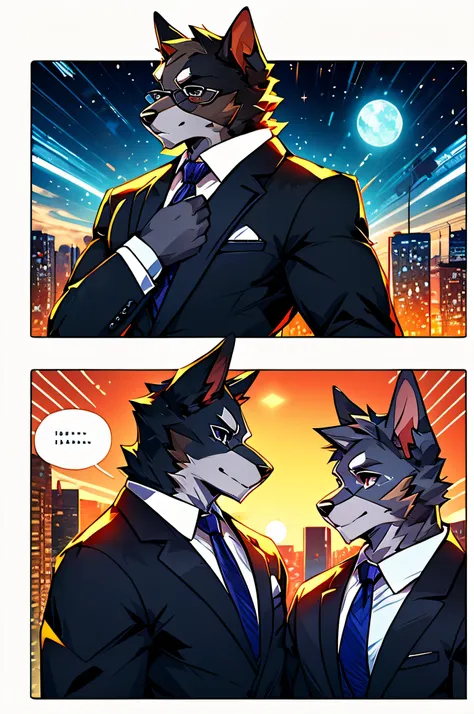 (man in black suit and tie)comic strip、anthropomorphic schnauzer dog、cyberpunked