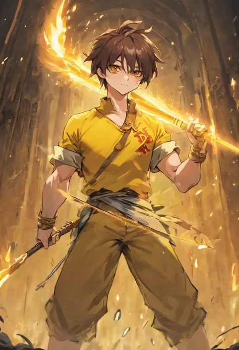 Muscular man, Alone, Holding a golden spear, Hair tied in a bun, Dark brown hair, A man who looks like a Chinese, ((Burnt yellow social shirt, Long white jeans)), black military boots, Smile, yellow eyes, Castle, Costume.