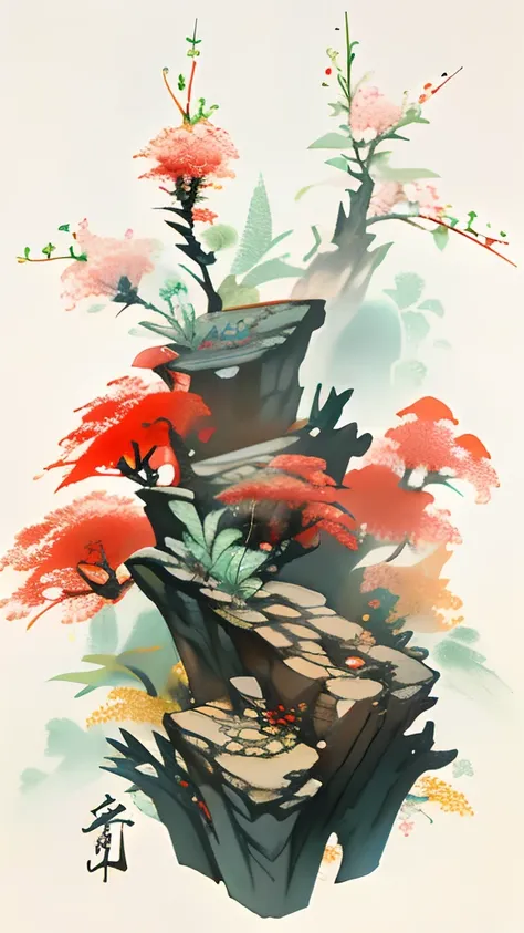 birds and flowers，[(White background:1.5)::5]，中景 the scene is，full bodyesbian，China-style，florals，stone fragment，Beautiful and delicate water，Wood grain