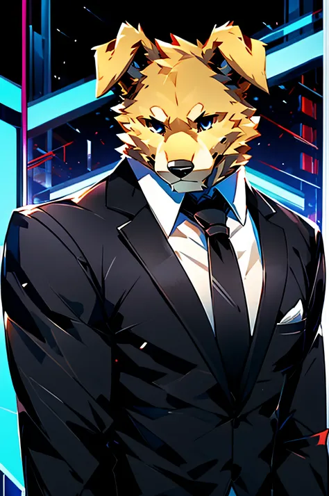 (Man in black suit and tie)comic strip、Anthropomorphic Golden Retriever Dog、cyberpunked