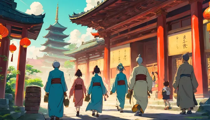 Anime - A group of people carrying something，Illustration of the style towards the pagoda, digital painting of a pagoda, Anime background art, Temple background, cyberpunk chinese ancient castle, Oriental art style, A beautiful artwork illustration, style ...