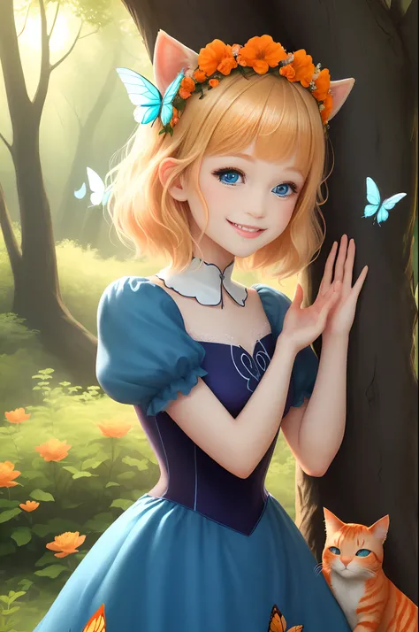 a princess fairy with blond short hair and blue eyes. she smiles and waves while hugging an orange cat. she is wearing a flower crown. butterflies fly around. the forest is in the background. she is in a tree