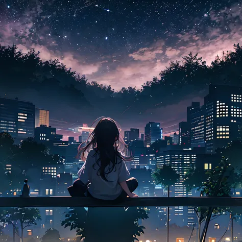 octans, sky, star (sky), scenery, starry sky, night, 1girl, night sky, solo, outdoors, building, cloud, milky way, sitting, tree...