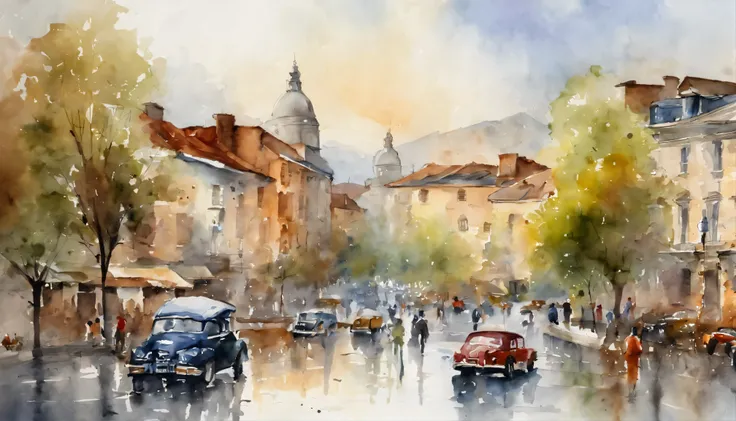 Watercolor painting of the landscape, view over city, (wetfloor:1.5), vehicles, people walking, Buildings