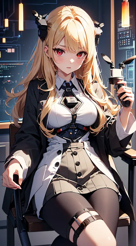 top-quality、Top image quality、​masterpiece、girl with((cute little、18year old、Best Bust、Medium bust、Bust 85,Red eyes to issue、Breasts wide open,Valley、Blonde long hair、A slender、Outerwear lab coat、Black Y-shirt with open buttons、a black skirt、Black spats,ho...