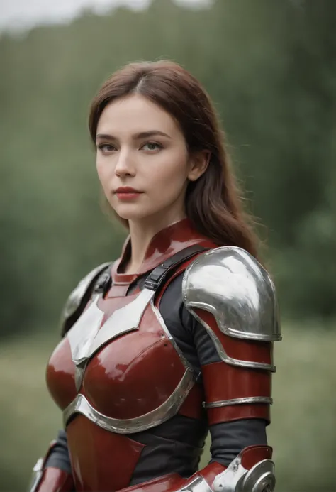 (Master Parts), (best qualtiy), rendered, Realistic, ultra - detailed, face perfect, perfect bodies, 1 Tape, Beautiful Girl, girl in red armor, Mechanical Armor, exoskeleton, to stand, Pose legally, Sexy, Watching from behind