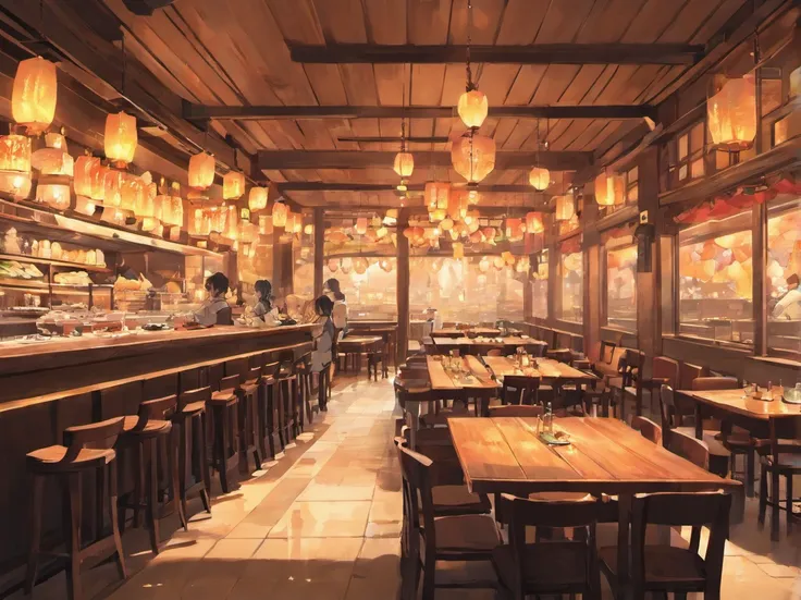 Lots of details, 8K, Fantasy, without people, japanese restaurant, japan, side view, room, table, food, without chairs