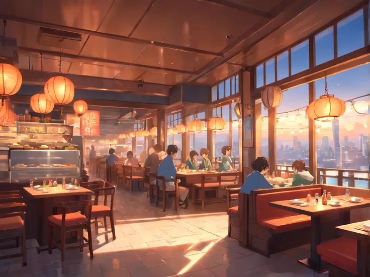 Lots of details, 8K, Fantasy, without people, japanese restaurant, japan, side view, room, table, food, without chairs