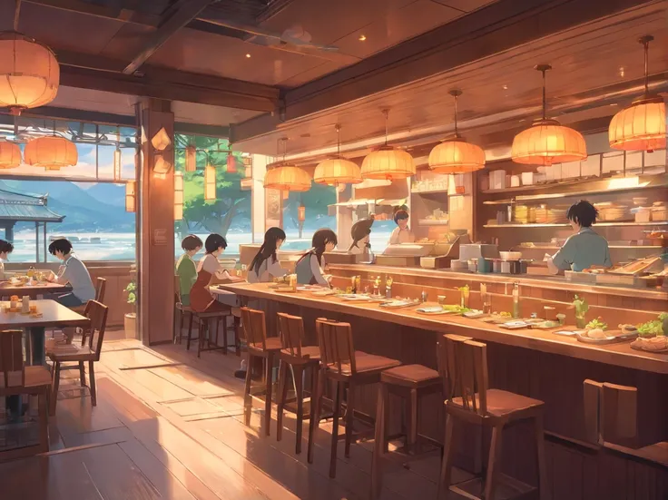 Lots of details, 8K, Fantasy, without people, japanese restaurant, japan, side view, room, table, food, without chairs