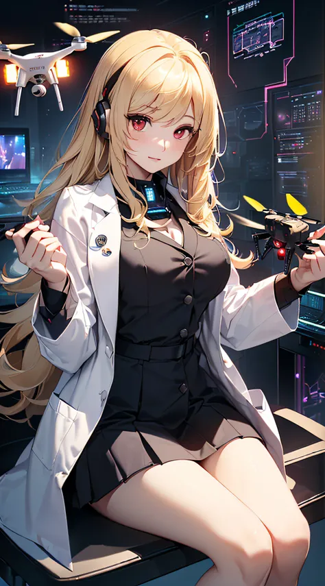 top-quality、Top image quality、​masterpiece、girl with((cute little、18year old、Best Bust、Medium bust、Bust 85,Red eyes to issue、Breasts wide open,Valley、Blonde long hair、A slender、Outerwear lab coat、Black Y-shirt with open buttons、a black skirt、Black spats,ho...