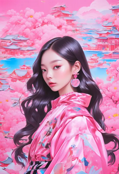 The 18-year-old girl looks like Angelababy, adolable，Barbie shiny pink,in the style of Miho Hirano, pink and black,Magnificent portrait, 1980s animation, hongkongstyle, Sandara tang, mixed patterns, text and emoji installations