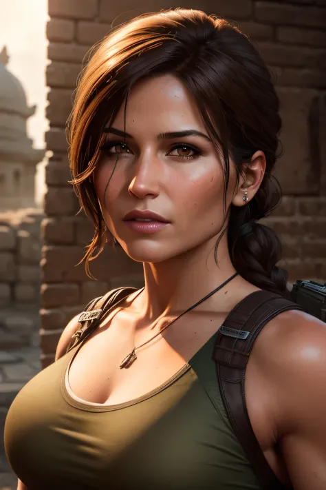 a portrait of lara croft with piercing brown eyes, set against temple background with warm golden lighting, photorealistic, dslr...