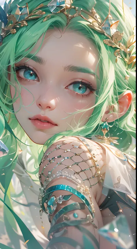 （absurderes，A high resolution，ultra - detailed），1woman，teens girl，18 years younger，Long wavy hair，Green hair，Green jewel-colored eyes，Delicate and intricate floral headdress with long sleeves，Delicate eyes and delicate face，Extremely detailed CG unity 8k w...