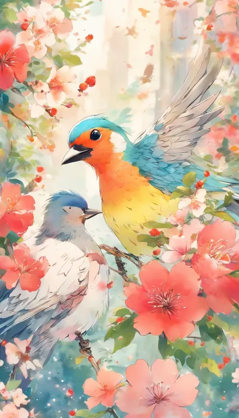 birds and flowers, japan manga style, sketching, Watercolor color.