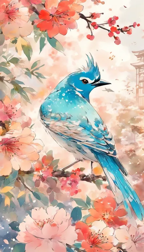 birds and flowers, japan manga style, sketching, Watercolor color.