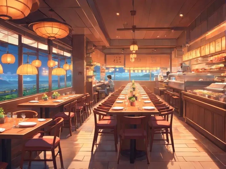 Lots of details, 8K, Fantasy, without people, japanese restaurant, japan, side view, room, table, food,