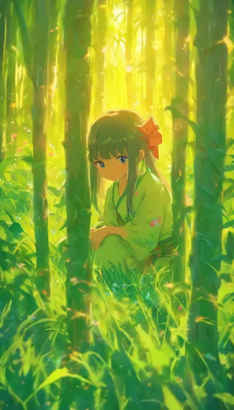 Fifteen or sixteen-year-old girls sat in a grass hut，She focused sharply at a clock on the wall，Lips slightly pursed，Late at night，中景 the scene is，super-fine，ultra - detailed，high qulity，8K，中景 the scene is，Full body like，China-style，Cartoon little girl