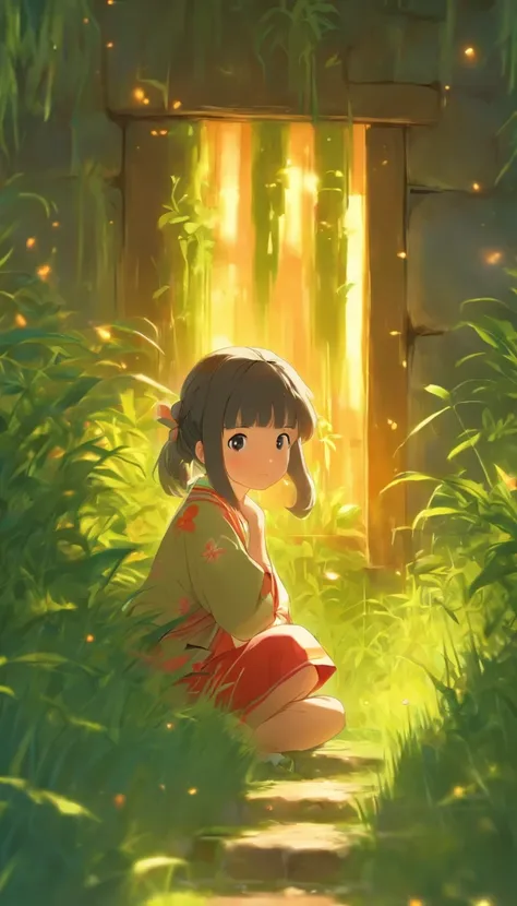 Fifteen or sixteen-year-old girls sat in a grass hut，She focused sharply at a clock on the wall，Lips slightly pursed，Late at night，中景 the scene is，super-fine，ultra - detailed，high qulity，8K，中景 the scene is，Full body like，China-style，Cartoon little girl