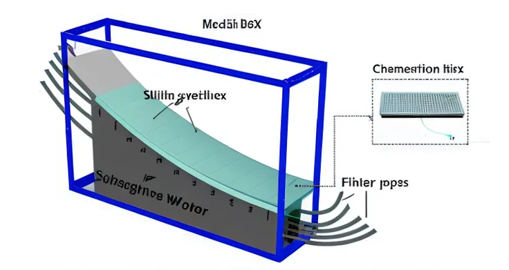 Schematic diagram of a box with a sliding surface and water pipes, simulation of water splashes, section model, concept model, water line surface, figure, Graphic illustration, tabletop model, digital model, scientific diagram, The reservoir, cfd, detailed...