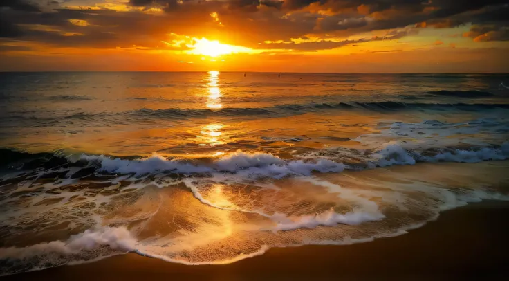 An absolutely mesmerizing sunset over the beach, with a blend of oranges, Pink big breasts, and yellows filling the sky. Crystal-clear waters of the sea gently kissing the shore, with sandy white beach stretching far and wide. The scene is vibrant，breath-t...