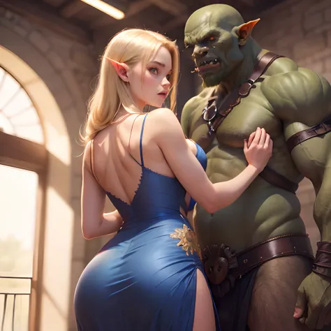 Outraged 20-year-old blonde elf girl with long wavy hair and blue eyes, in a blue dress with gold embroidery. 1 orc, green skin, in leather clothes. An argument with an orc in the office. The orc grabs her hands.  delicate detail. ultra details. highly det...