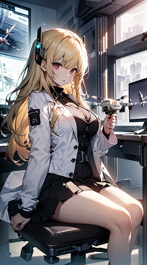 top-quality、Top image quality、​masterpiece、girl with((Beautiful fece、18year old、Best Bust、big bast、Bust 85,Red eyes to issue、Breasts wide open,Valley、Blonde long hair、A slender、Outerwear lab coat、Black Y-shirt with open buttons、a black skirt、Black spats,Be...