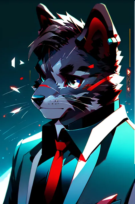 (Man in black suit and tie)comic strip、Anthropomorphic Schnauzer Dog、cyberpunked