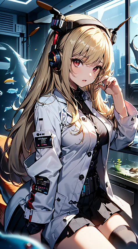 top-quality、Top image quality、​masterpiece、girl with((Beautiful fece、18year old、Best Bust、big bast、Bust 85,Red eyes to issue、Breasts wide open,Valley、Blonde long hair、A slender、Outerwear lab coat、Black Y-shirt with open buttons、a black skirt、Black spats,Be...