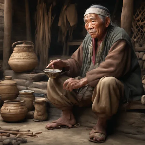 An old grandfather of the Zhuang tribe drinks tea in an earthen house，There is a frog next to it