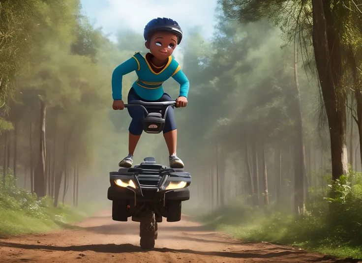 Pixar style post, black woman, short hair, adventurous, jumping with a quad bike, forest background --auto --s2