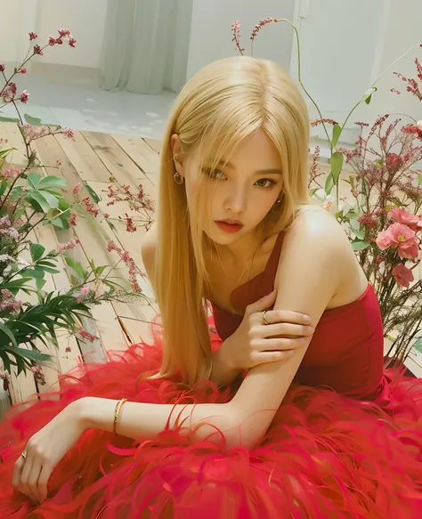 blond woman in red dress sitting on a red rug in a garden, roseanne park of blackpink, portrait of jossi of blackpink, sha xi, jossi of blackpink, jia, with long blond hair, ava max, with white long hair, pale red, the hime cut, with long white hair, basia...