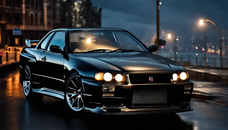 r34 nissan skyline, photo of a car in a stormy night, city night, storm in the city, ultra detailed, photorealistic, masterpiece.