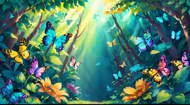 (butterflies,spacious, bright blue,yellow,pink,bright theme,4K ,vibrant colors, d, graceful fluttering, rays of sunlight filtering through the trees, a gentle breeze creating a sense of movement, a serene atmosphere, intricate patterns on their wings