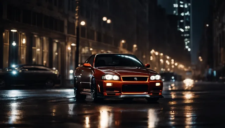 r34 nissan skyline, photo of a car in a stormy night, city night, storm in the city, ultra detailed, photorealistic, masterpiece.