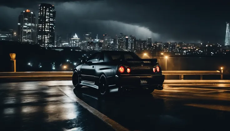 r34 nissan skyline, photo of a car in a stormy night, city night, storm in the city, ultra detailed, photorealistic, masterpiece.