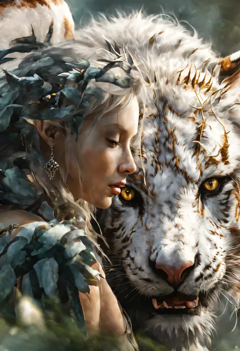 (beautiful druid girl:1.3) hug the white tiger (extremely detailed cg unity 8k wallpaper,masterpiece, best quality, ultra-detail...