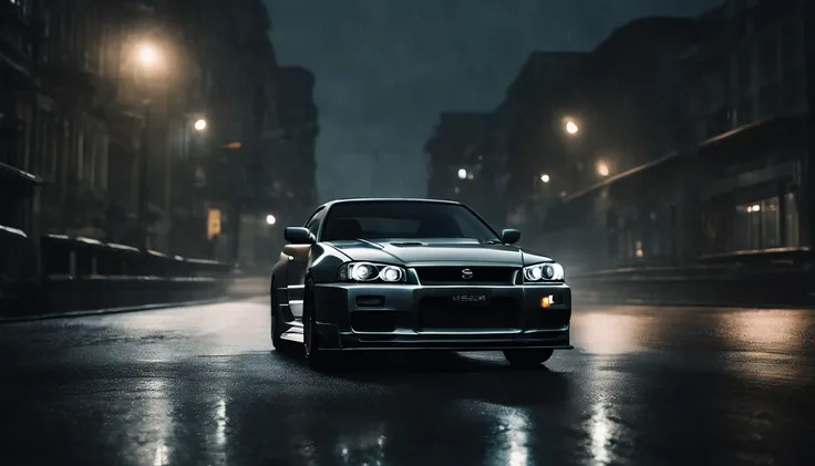 r34 nissan skyline, photo of a car in a stormy night, cyberpunk city night, storm in the city, dark cinematic, ultra detailed, photorealistic, masterpiece.