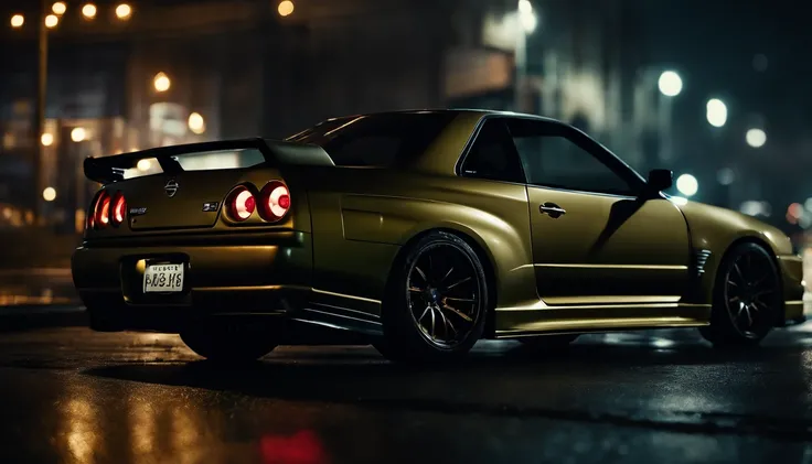 r34 nissan skyline, photo of a car in a stormy night, cyberpunk city night, storm in the city, dark cinematic, ultra detailed, photorealistic, masterpiece.