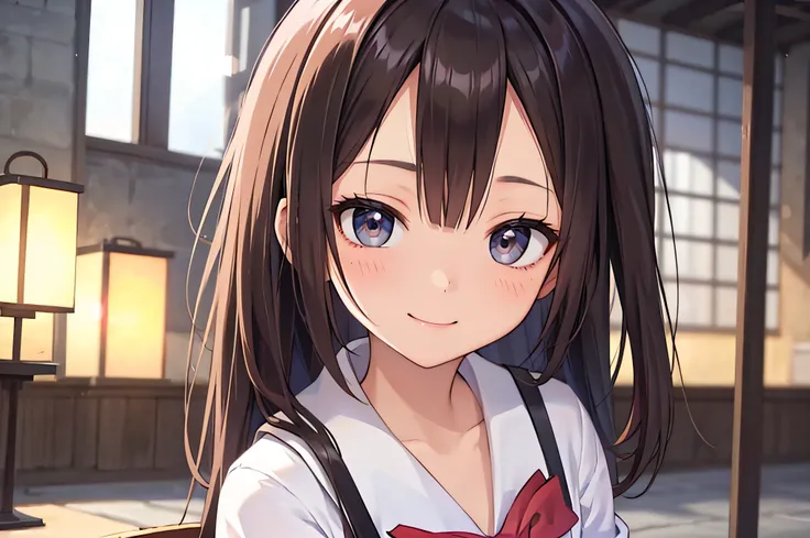 17 age、brown haired、beautidful eyes、real looking skin、hi-school girl、a sailor suit、small tits、(8K、​masterpiece)、(reallistic、Photorealsitic)、top-quality、ighly detailed、The ultra-detailliert、Beautie、cute little、japanes、Idol、a smile、Close-up portrait、Healthy ...