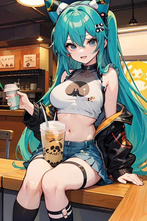 anime girl, boba cup in between breasts