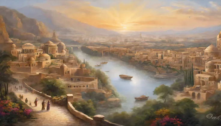 (best quality,4k,highres),ancient civilization,huge bustling city,five thousand years old,thriving metropolis,advanced architectural marvels,ornate temples and palaces,towering statues,population: millions,elaborate irrigation systems,monumental city walls...