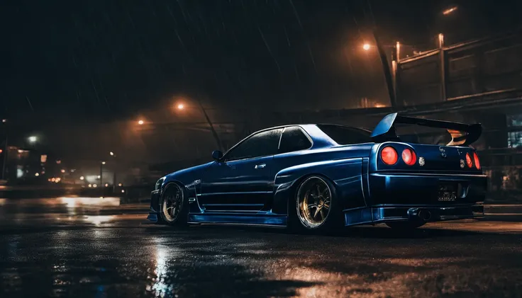 r34 nissan skyline, photo of a car in a stormy night, blue car, cyberpunk city night, storm in the city, dark cinematic, ultra detailed, photorealistic, masterpiece.