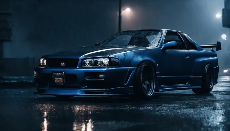 r34 nissan skyline, photo of a car in a stormy night, blue car, cyberpunk city night, storm in the city, dark cinematic, ultra detailed, photorealistic, masterpiece.