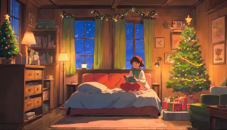 Girl listening to music in a cozy room at night, On Christmas Eve, Some details in the decoration of the room with Christmas ornaments.  Usando fones de ouvido, Anime estilo 2D, Lo-fi, disco Rigido, Ambiente escuro